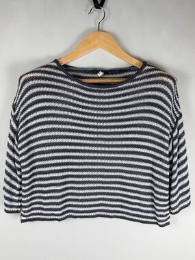 Wishlist Striped Knit Top S/M Gray White Boxy Cropped Short Sleeve Slits Sweater